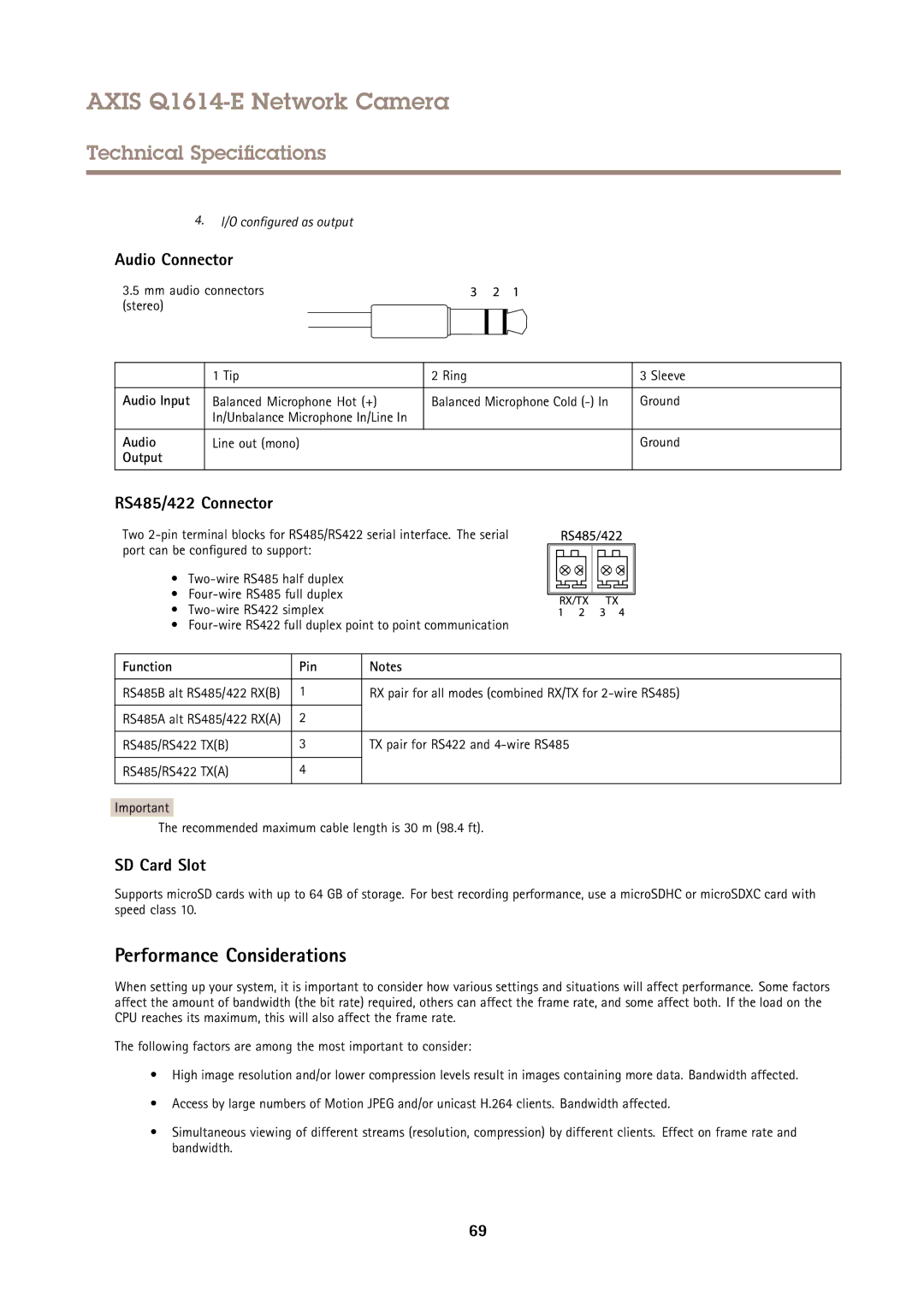 Axis Communications Q1614-E user manual Performance Considerations, RS485/422 Connector, Output, Function Pin 