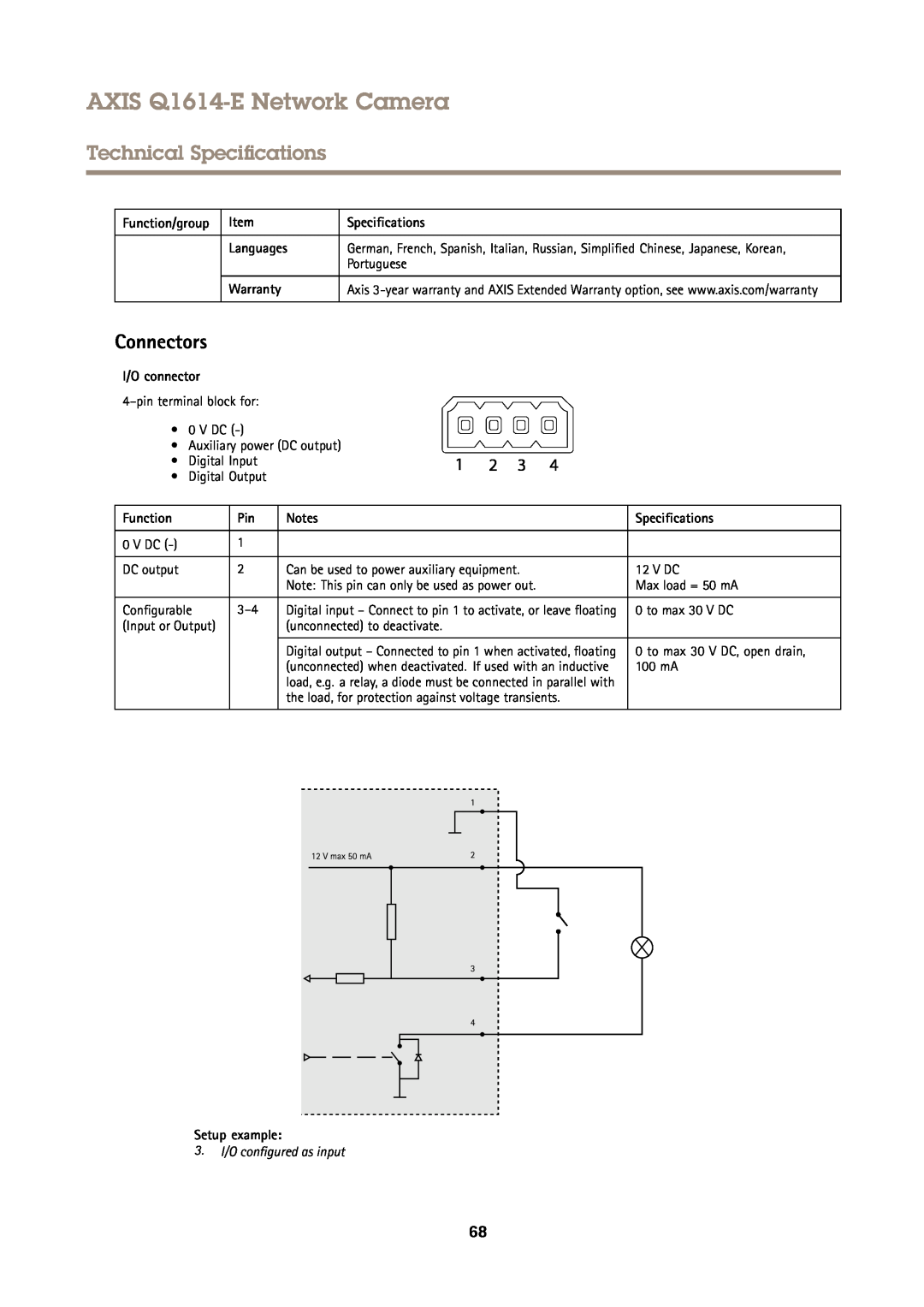 Axis Communications Q1614-E user manual Connectors, Languages, Portuguese, Warranty, I/O connector, Function, Setup example 