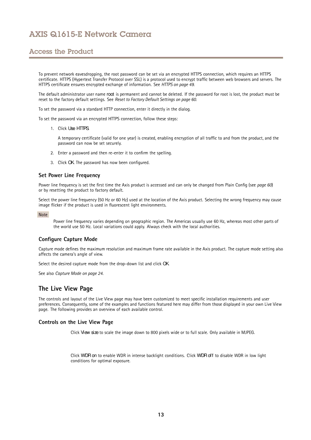 Axis Communications Q1615-E user manual Set Power Line Frequency, Configure Capture Mode, Controls on the Live View 