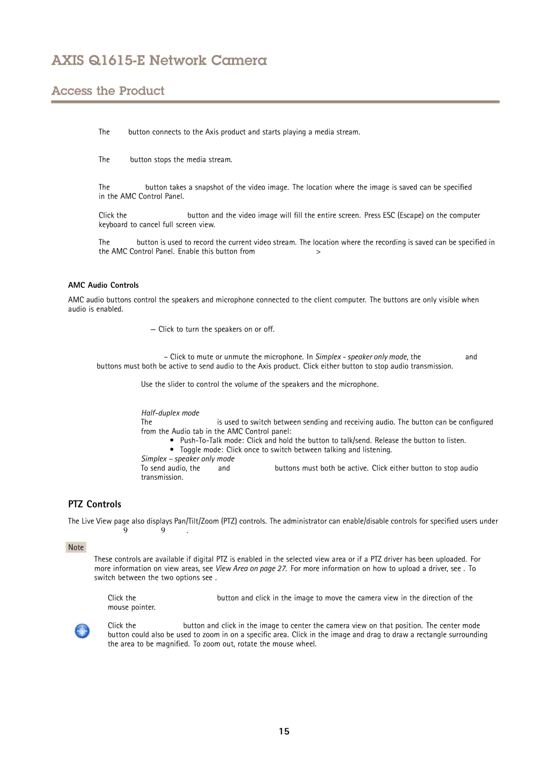 Axis Communications Q1615-E user manual PTZ Controls, AMC Audio Controls 