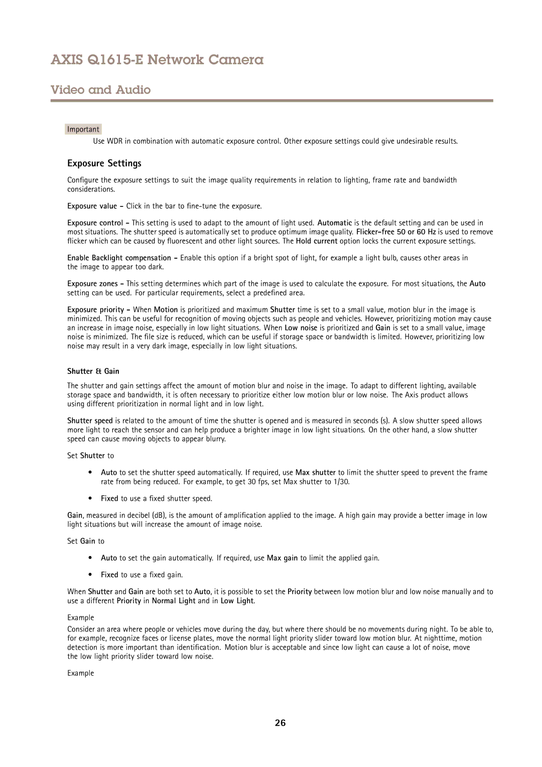 Axis Communications Q1615-E user manual Exposure Settings, Shutter & Gain, Set Shutter to 