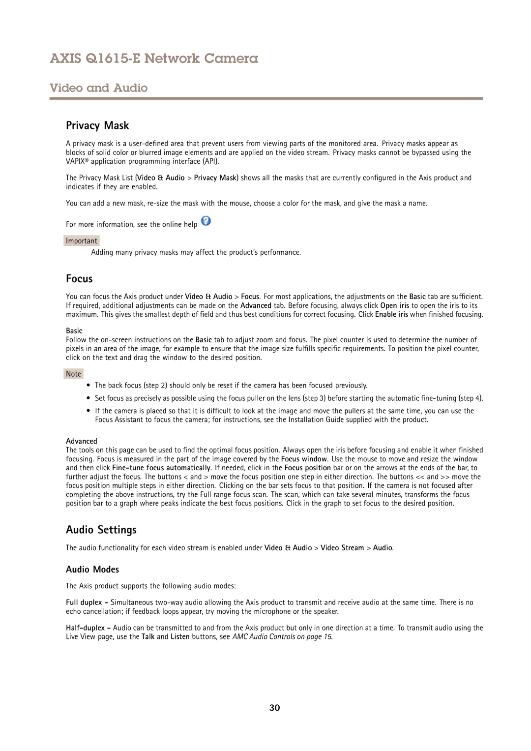 Axis Communications Q1615-E user manual Privacy Mask, Focus, Audio Settings, Audio Modes 