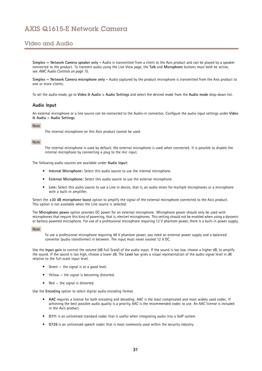 Axis Communications Q1615-E user manual Audio Input 