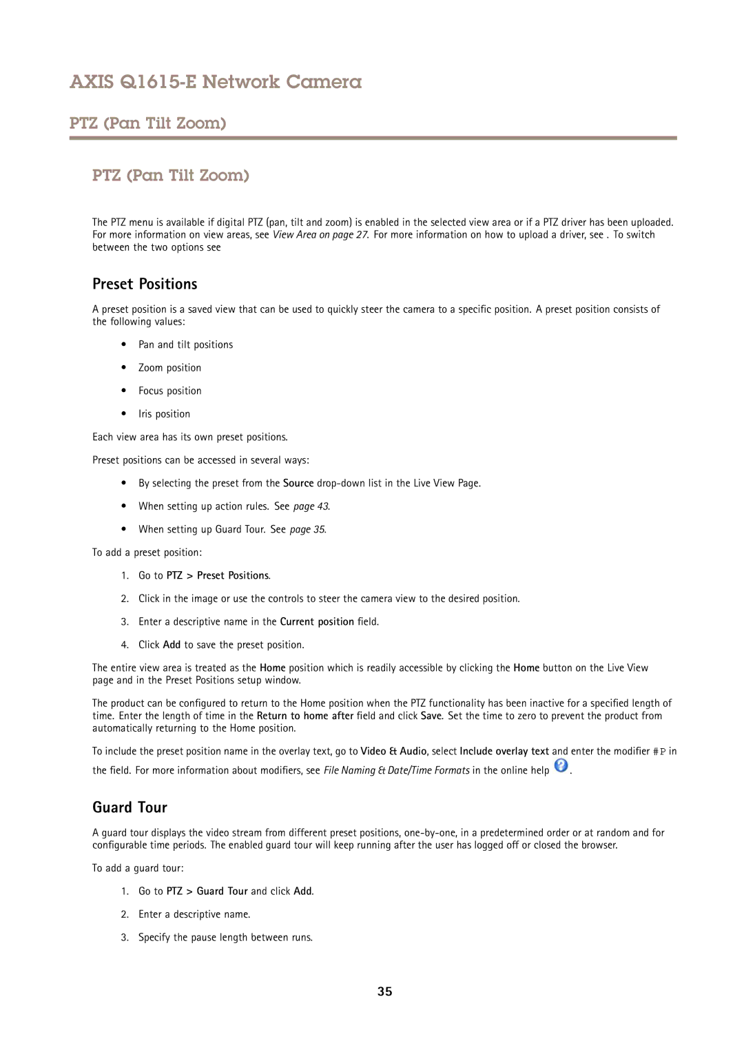 Axis Communications Q1615-E user manual PTZ Pan Tilt Zoom, Guard Tour, Go to PTZ Preset Positions 