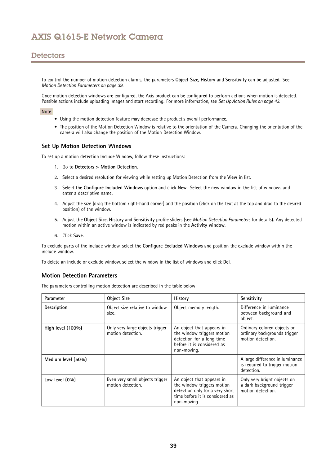 Axis Communications Q1615-E user manual Set Up Motion Detection Windows, Motion Detection Parameters 