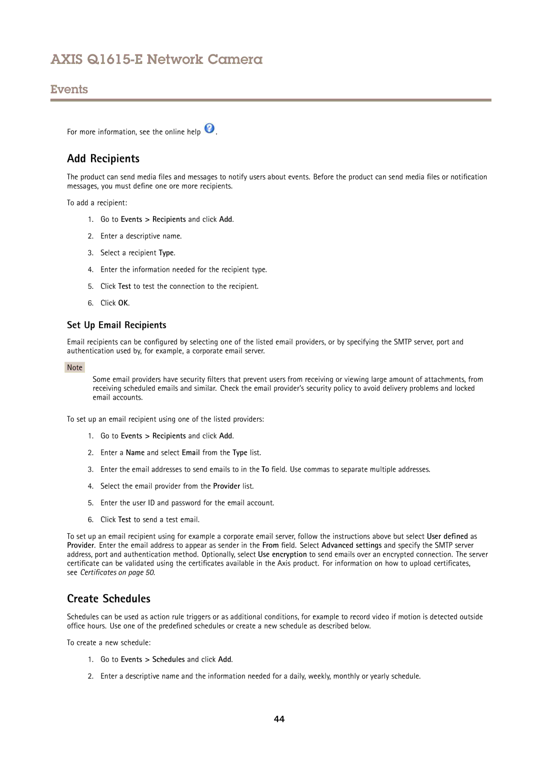 Axis Communications Q1615-E user manual Add Recipients, Create Schedules, Set Up Email Recipients 