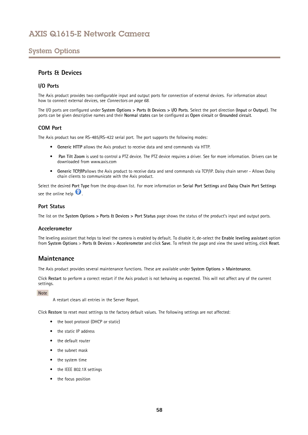 Axis Communications Q1615-E user manual Ports & Devices, Maintenance 