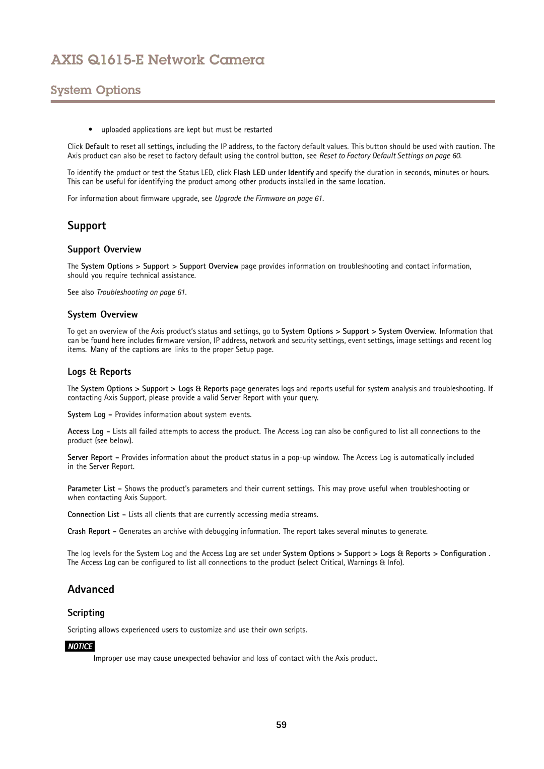 Axis Communications Q1615-E user manual Support Overview, System Overview, Logs & Reports, Scripting 