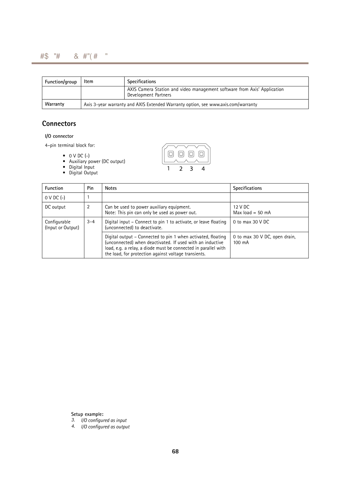 Axis Communications Q1615-E user manual Connectors, Warranty, Function Pin Specifications, Setup example 