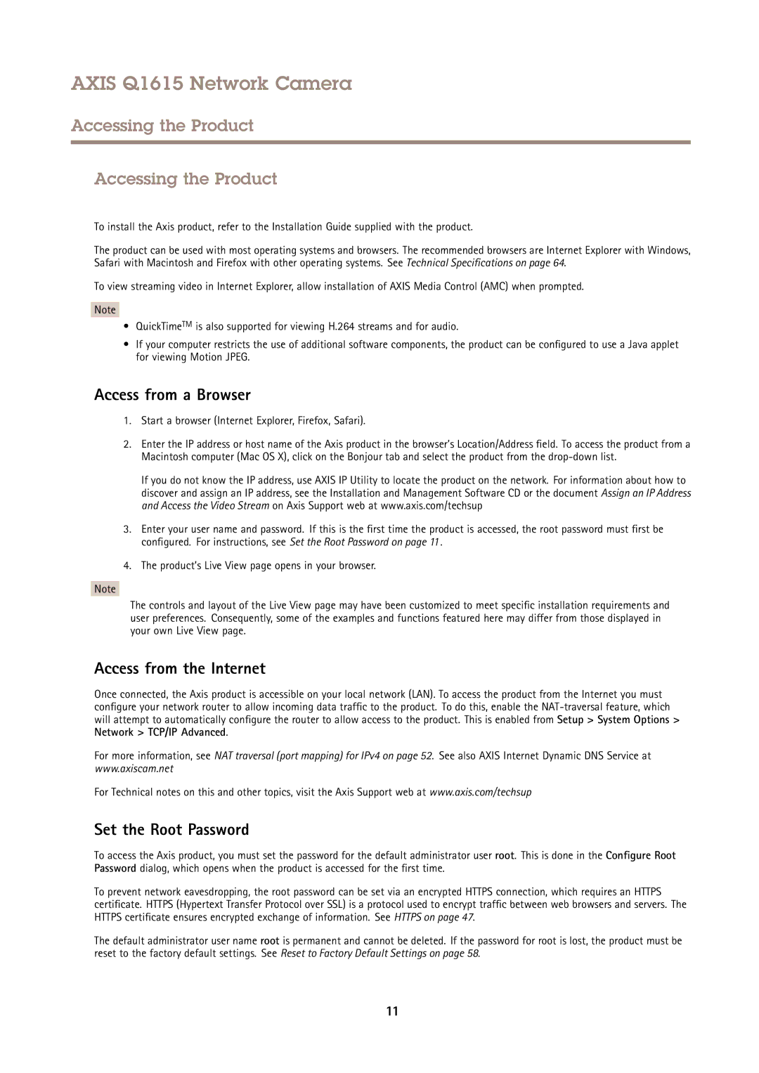 Axis Communications Q1615 Accessing the Product, Access from a Browser, Access from the Internet, Set the Root Password 