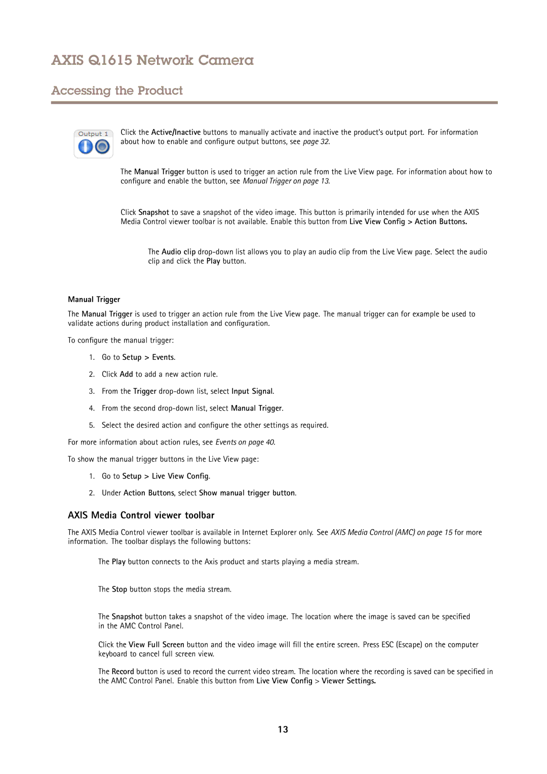 Axis Communications Q1615 user manual Axis Media Control viewer toolbar, Manual Trigger, Go to Setup Events 