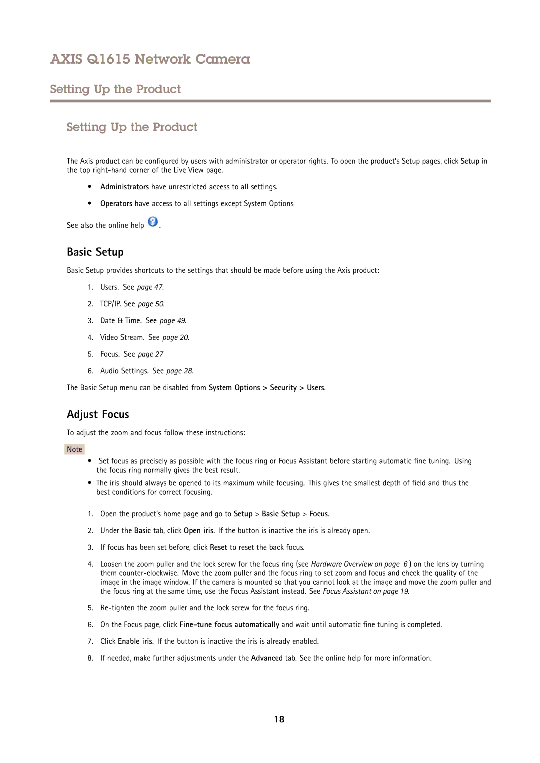 Axis Communications Q1615 user manual Setting Up the Product, Basic Setup, Adjust Focus 