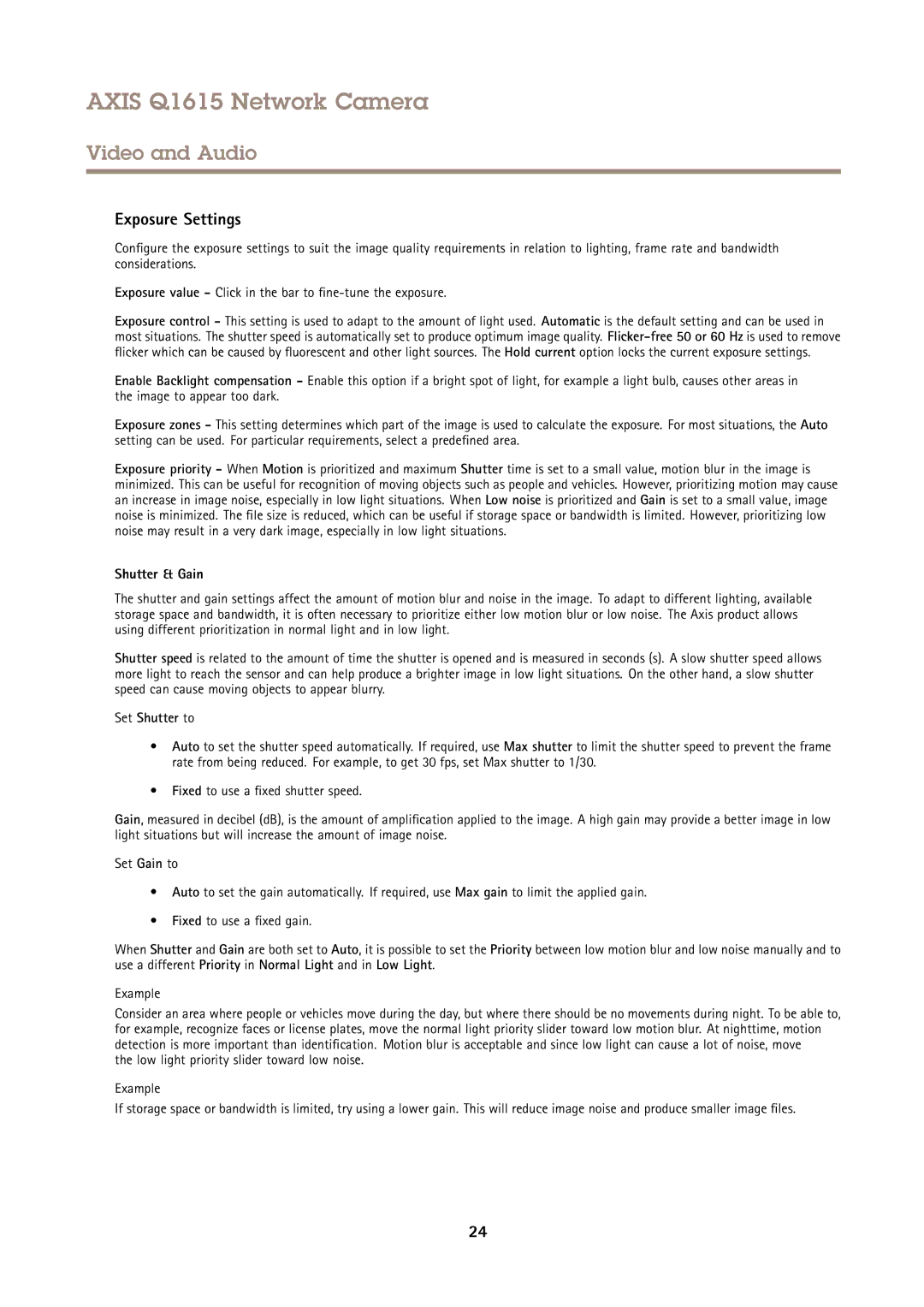 Axis Communications Q1615 user manual Exposure Settings, Shutter & Gain, Set Shutter to 