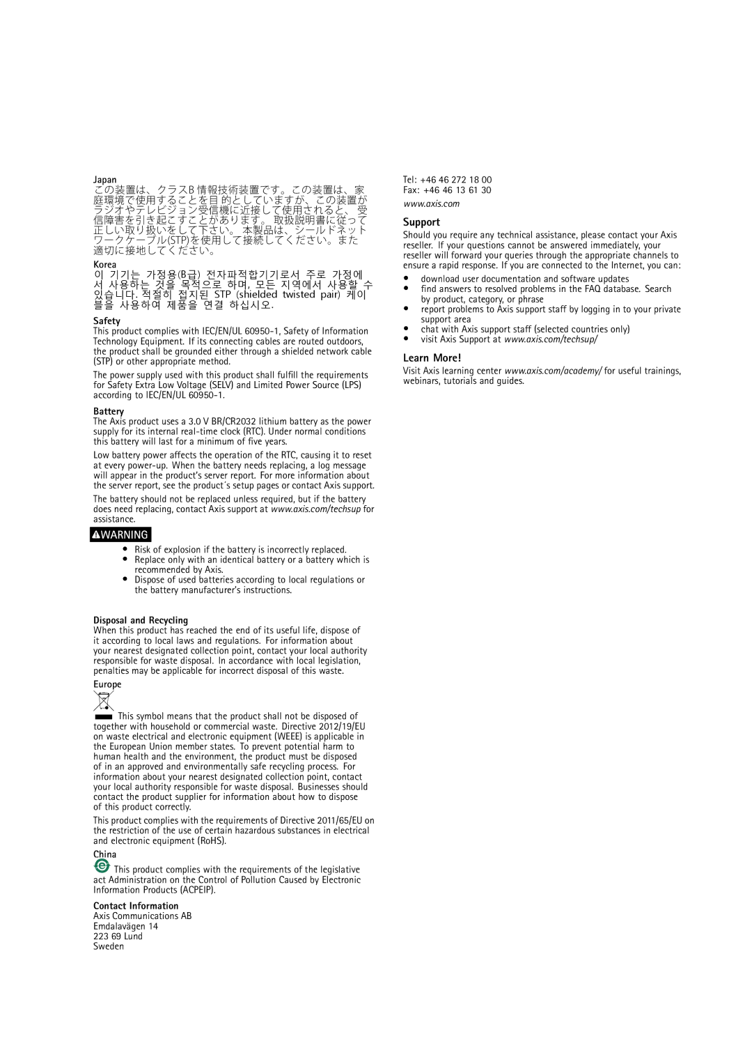 Axis Communications Q1615 user manual Support, Learn More 