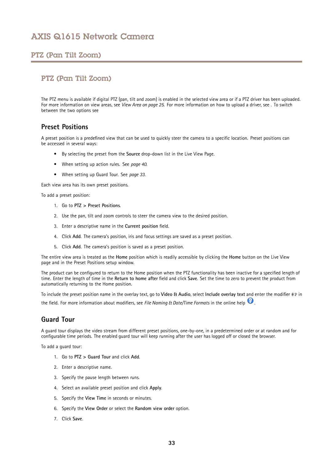 Axis Communications Q1615 user manual PTZ Pan Tilt Zoom, Guard Tour, Go to PTZ Preset Positions 