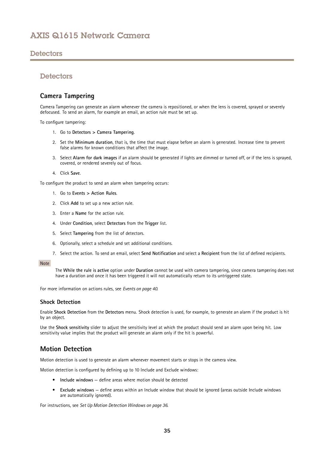 Axis Communications Q1615 user manual Motion Detection, Shock Detection, Go to Detectors Camera Tampering 
