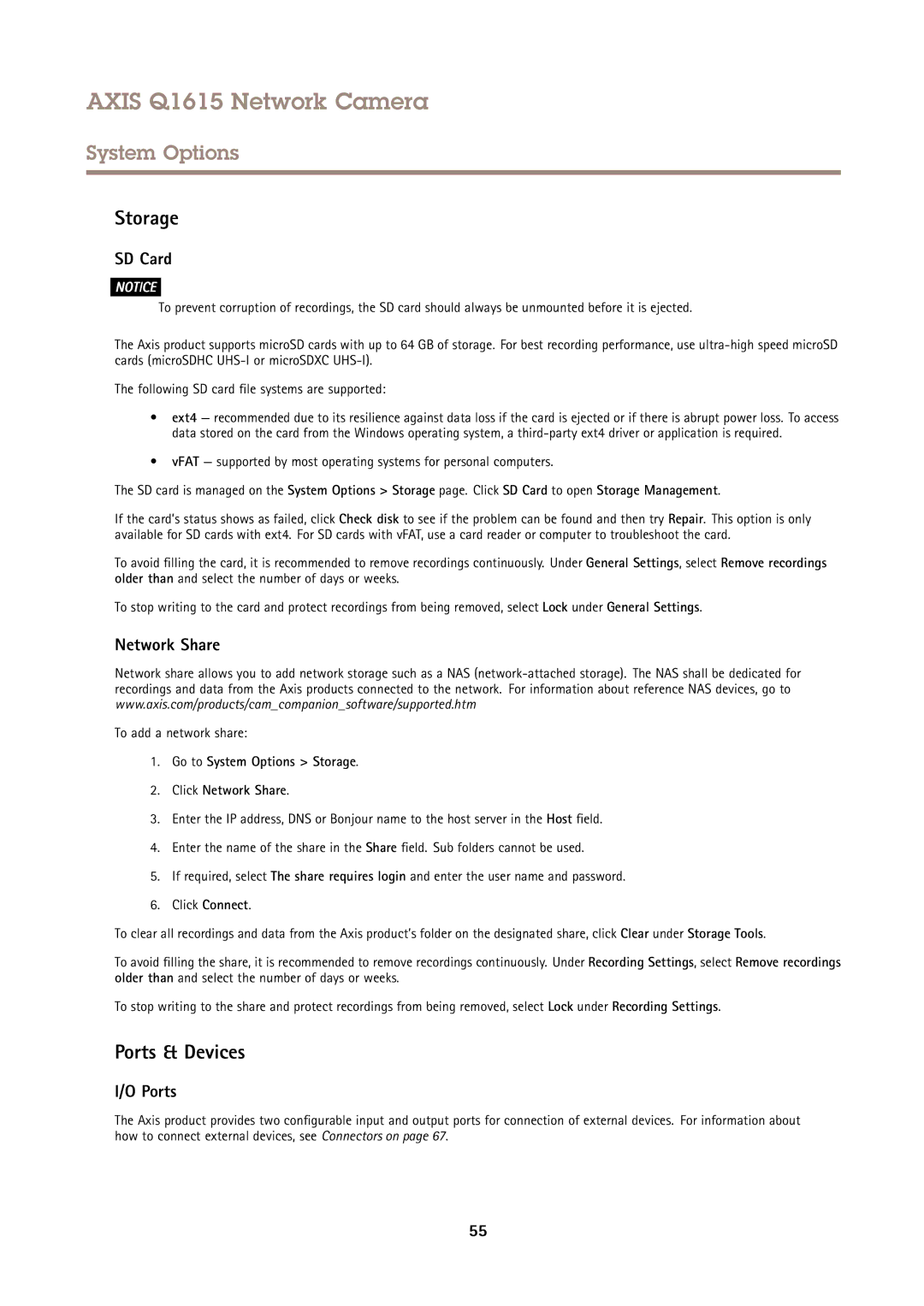 Axis Communications Q1615 user manual Storage, Ports & Devices, SD Card, Network Share 