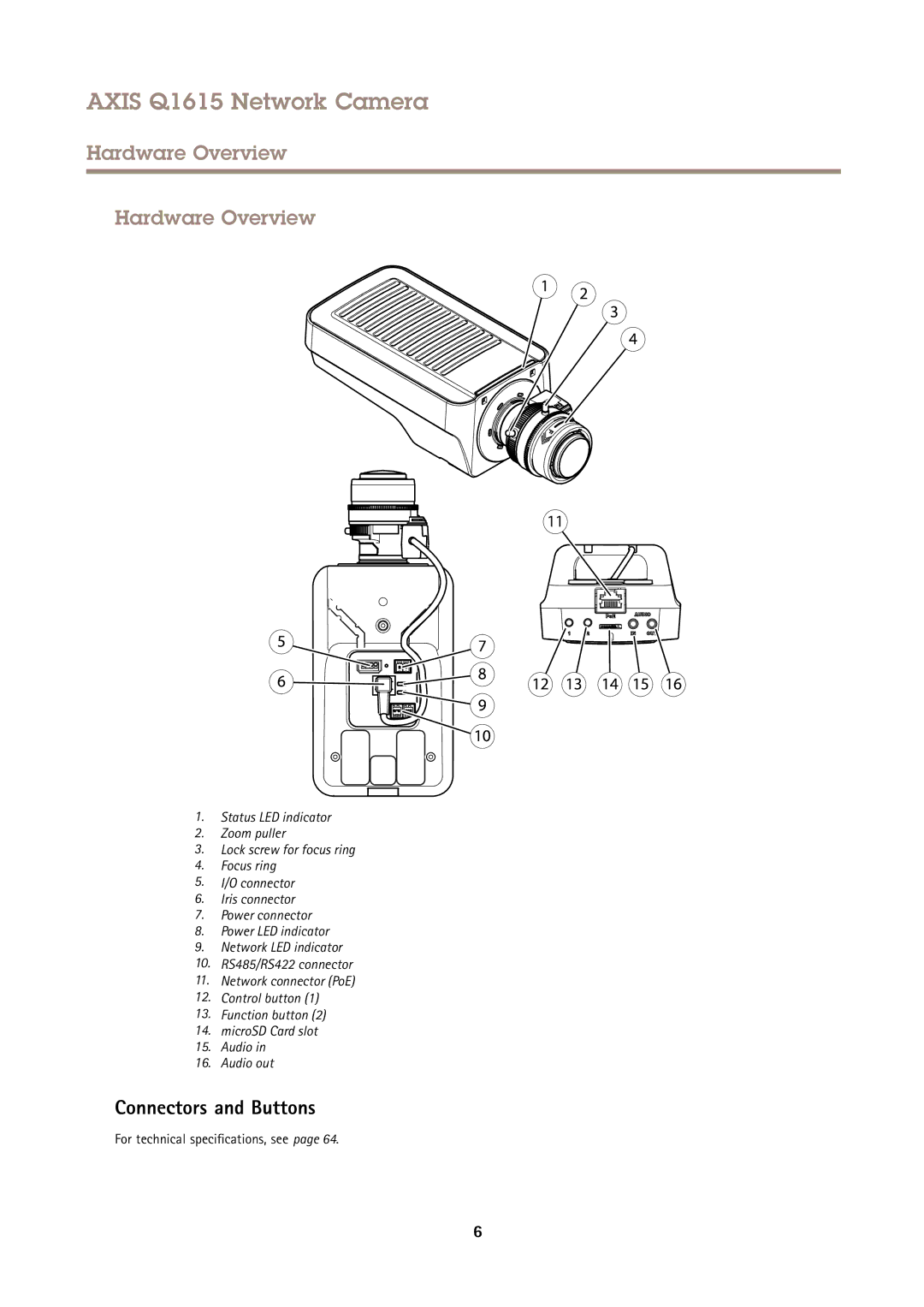 Axis Communications Q1615 user manual Hardware Overview, Connectors and Buttons, For technical specifications, see 