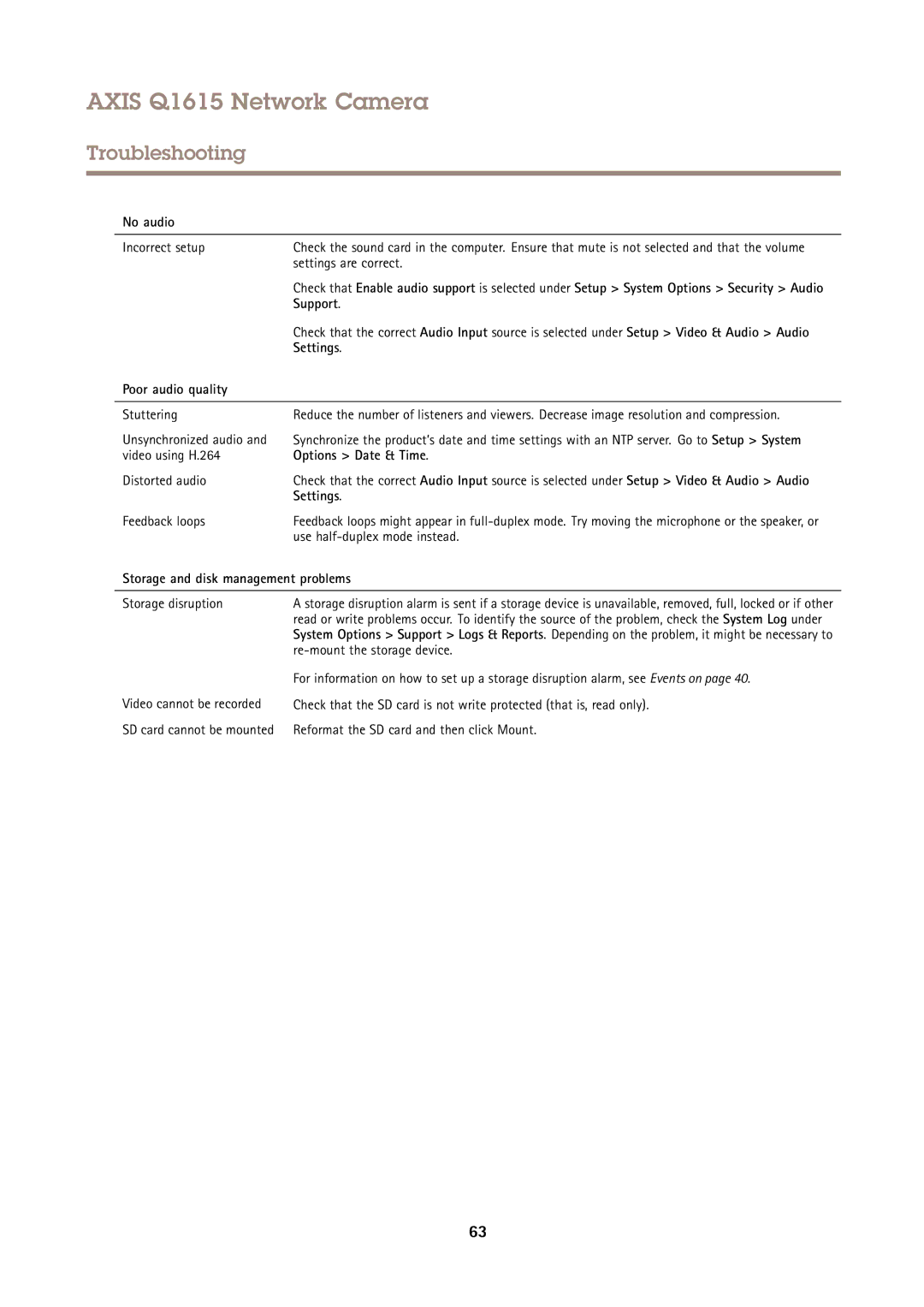 Axis Communications Q1615 user manual No audio, Settings, Poor audio quality, Options Date & Time 