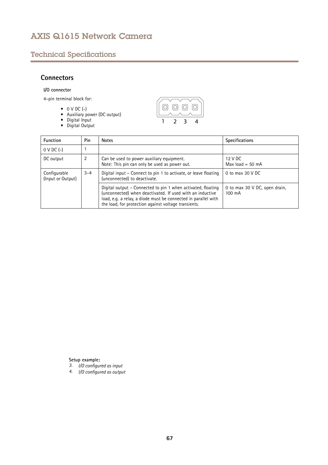 Axis Communications Q1615 user manual Connectors, Function Pin Specifications, Setup example 