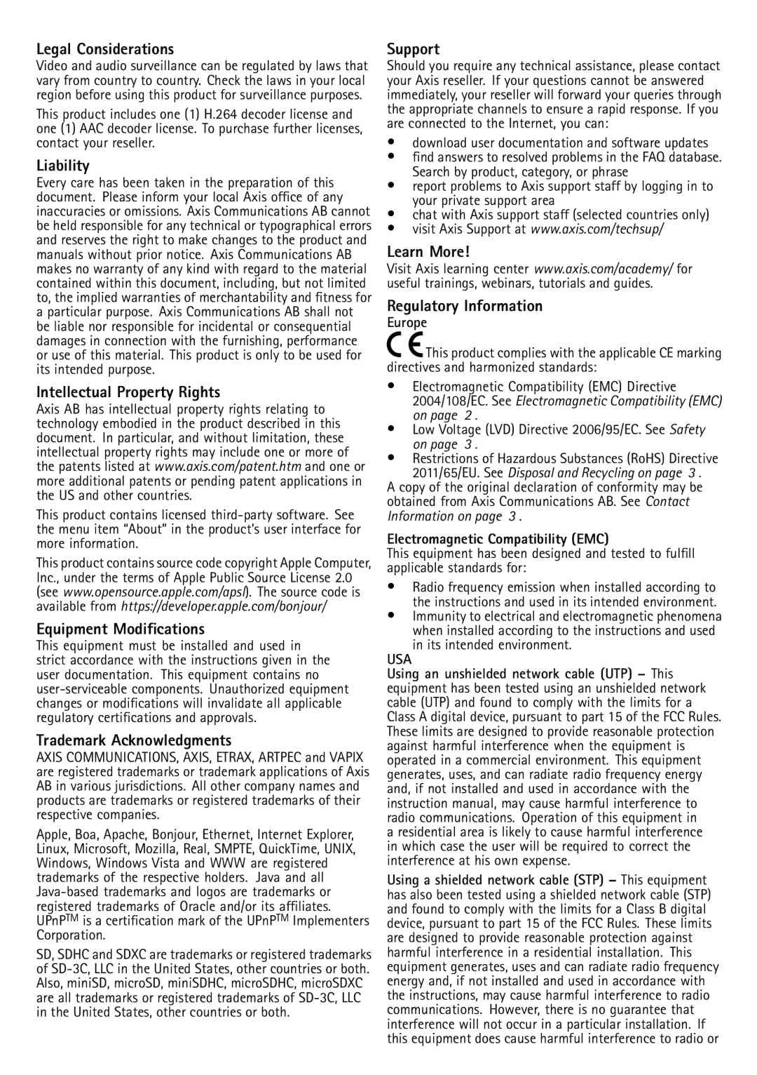 Axis Communications Q1635 Legal Considerations, Liability, Intellectual Property Rights, Equipment Modifications, Support 