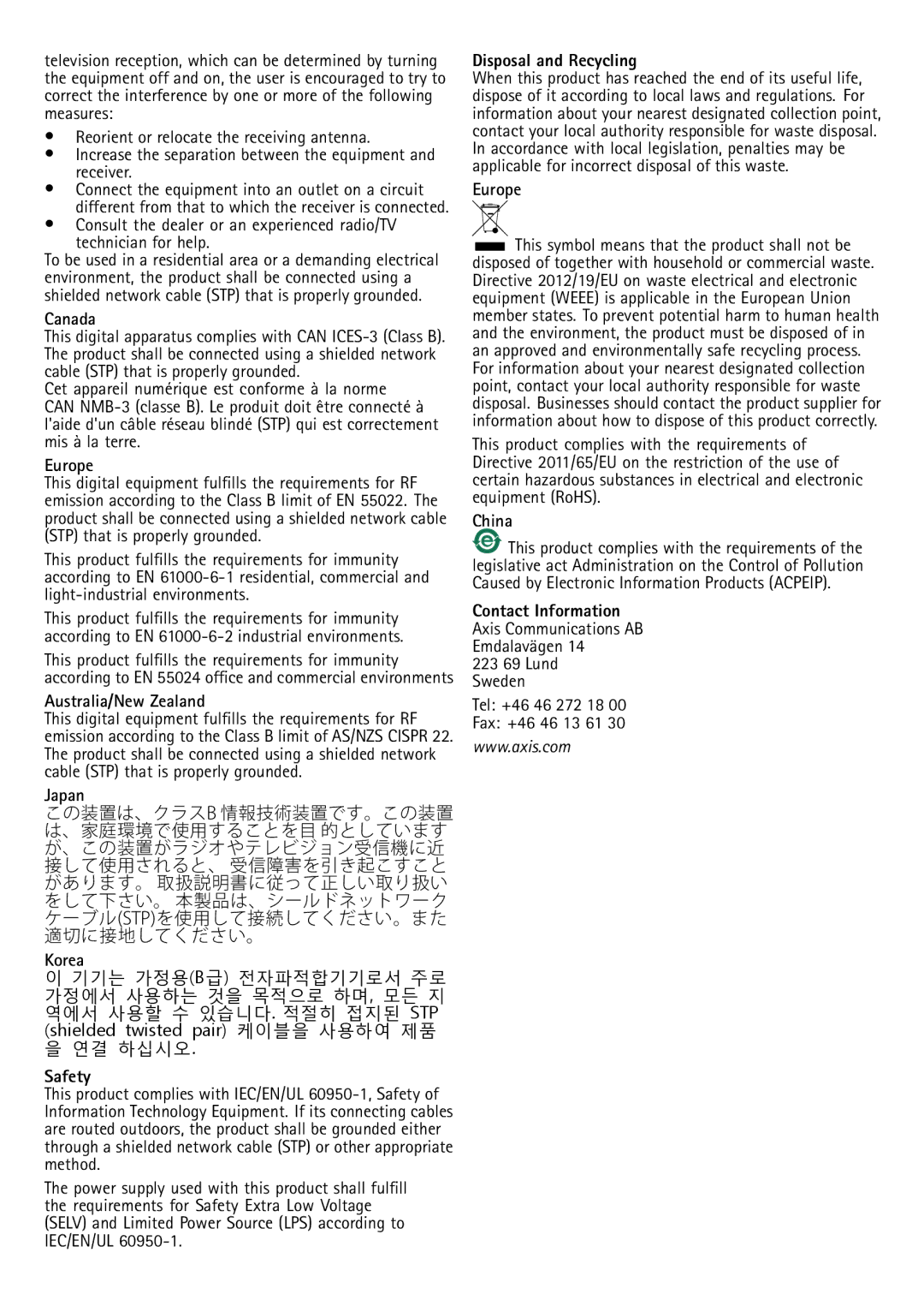 Axis Communications Q1635 manual Contact Information 