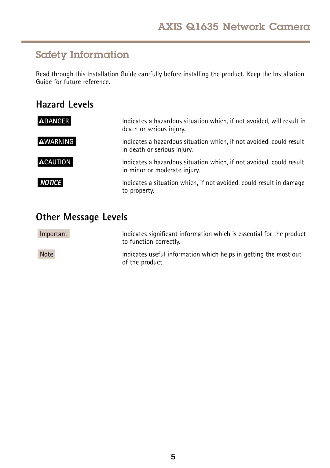 Axis Communications Q1635 manual Hazard Levels, Other Message Levels 