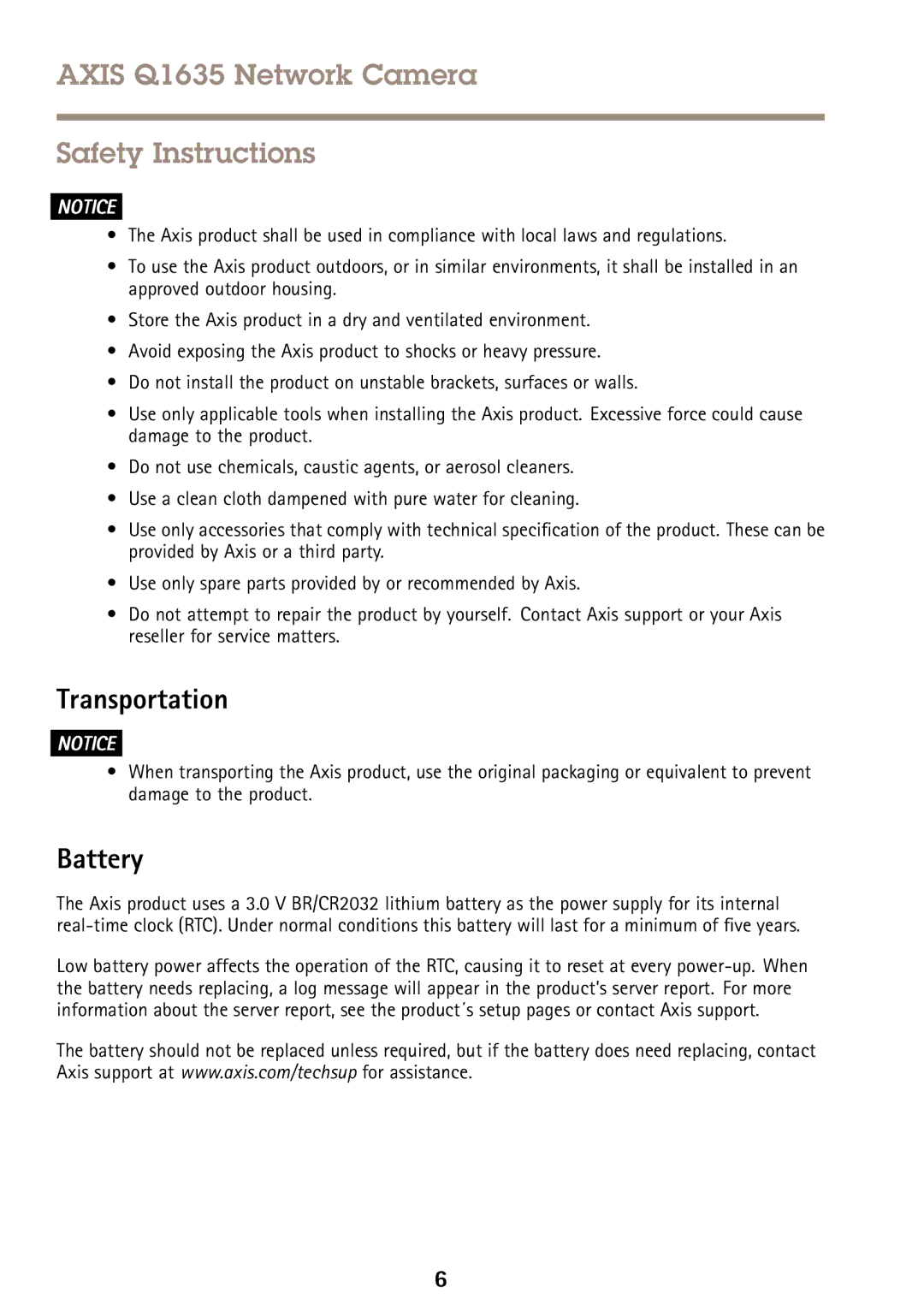 Axis Communications Q1635 manual Transportation, Battery 