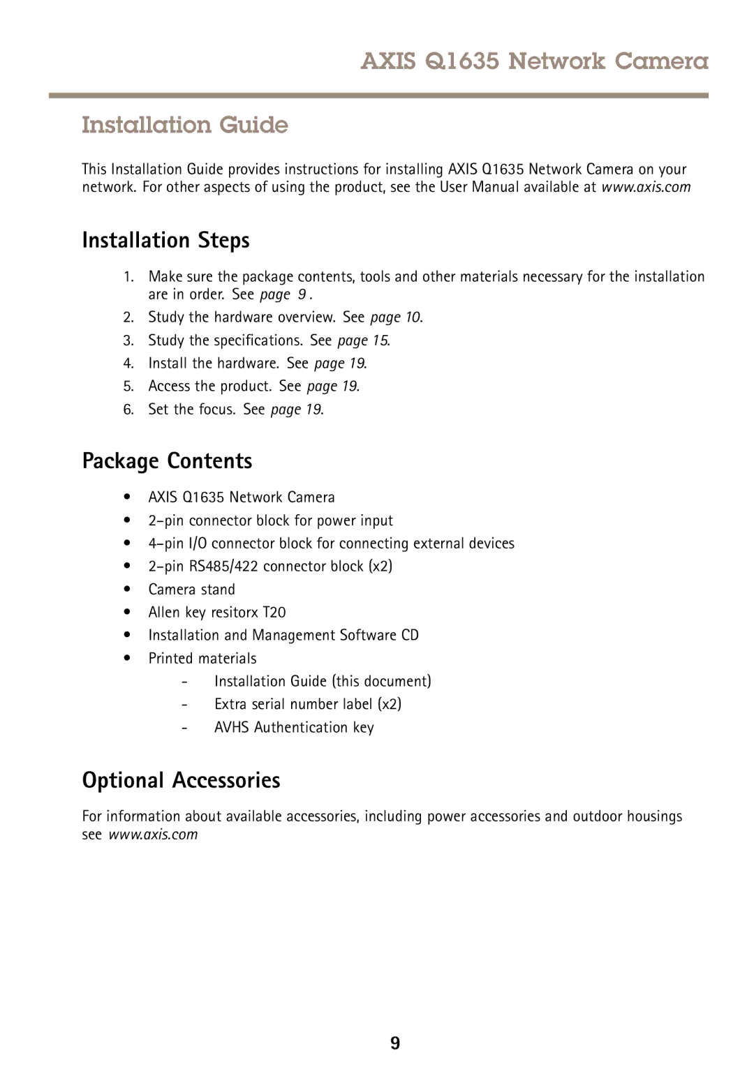 Axis Communications Q1635 manual Installation Steps, Package Contents, Optional Accessories 