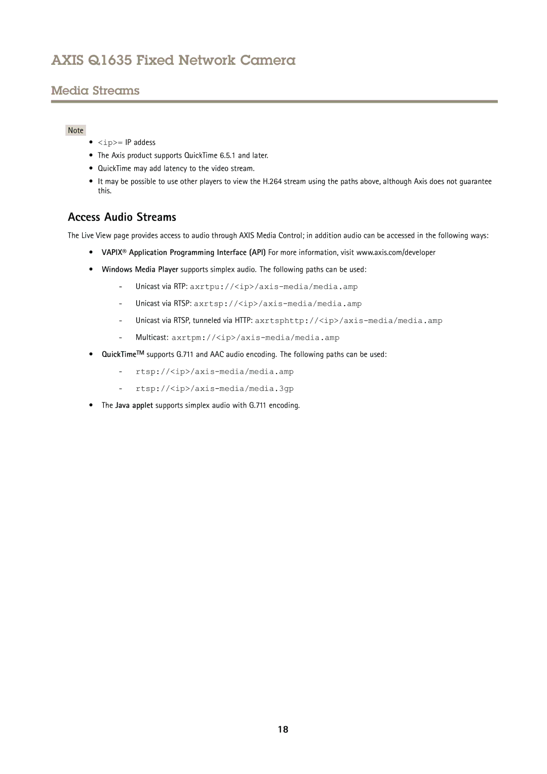 Axis Communications Q1635 user manual Access Audio Streams, Java applet supports simplex audio with G.711 encoding 