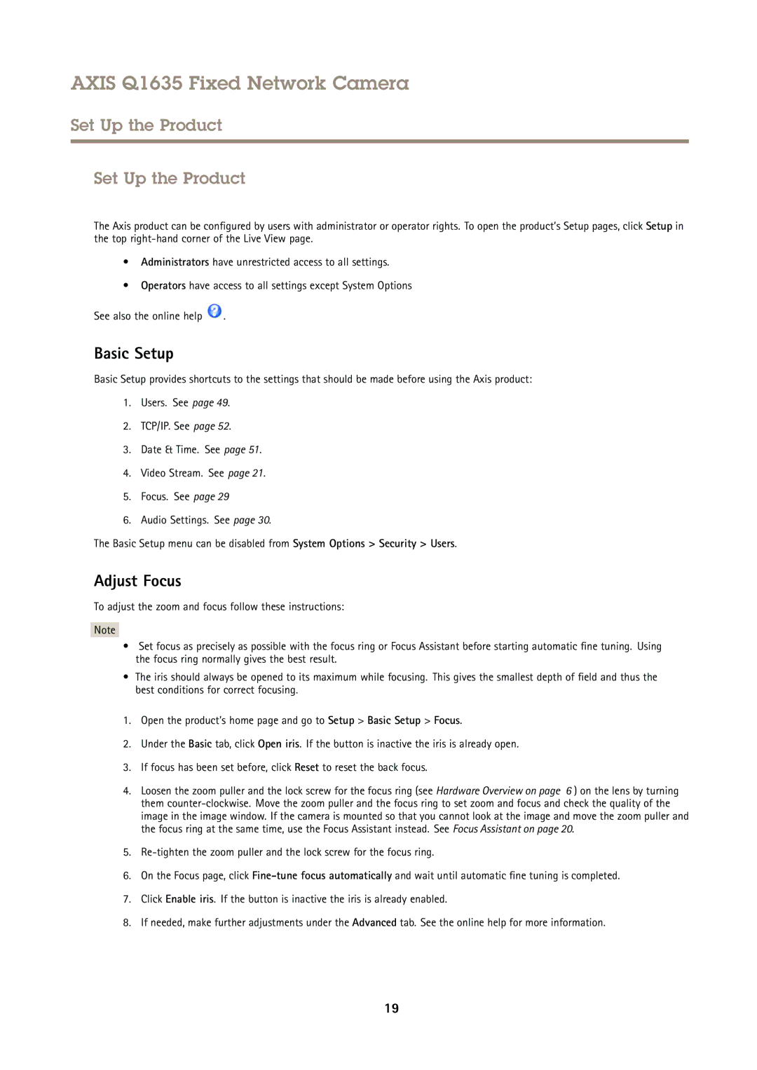 Axis Communications Q1635 user manual Set Up the Product, Basic Setup, Adjust Focus 