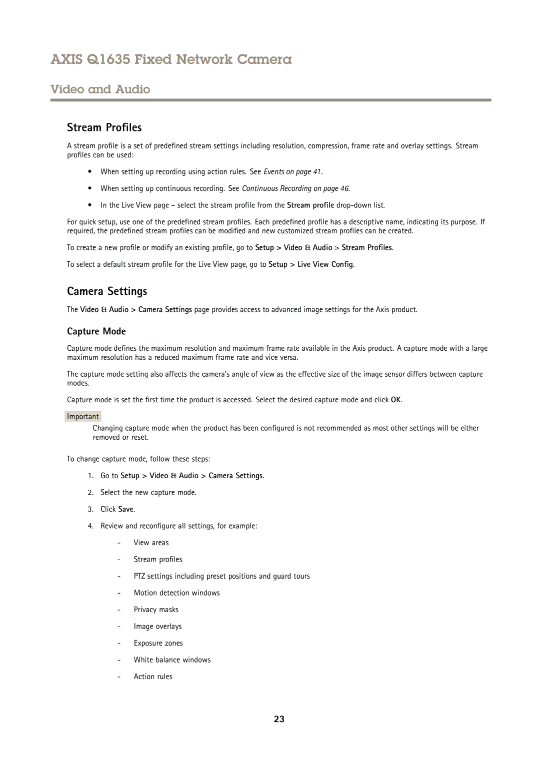 Axis Communications Q1635 user manual Stream Profiles, Capture Mode, Go to Setup Video & Audio Camera Settings 