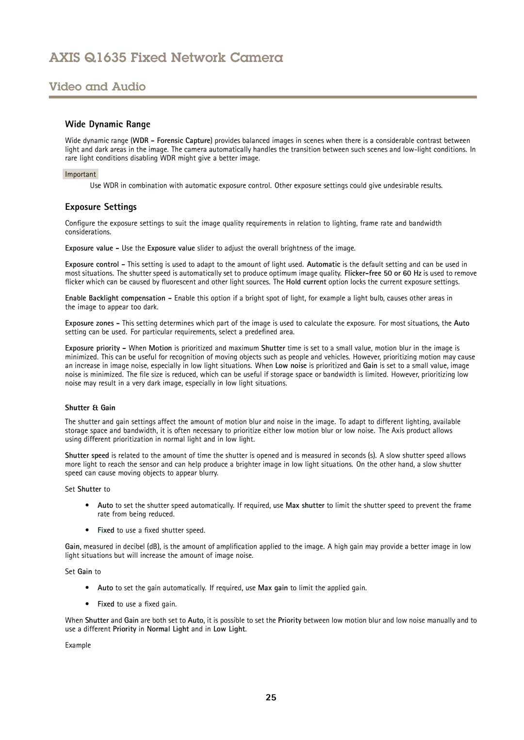 Axis Communications Q1635 user manual Wide Dynamic Range, Exposure Settings, Shutter & Gain, Set Shutter to 