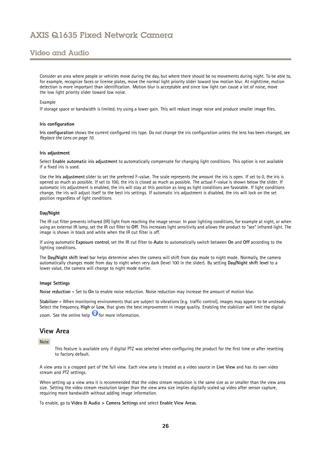 Axis Communications Q1635 user manual View Area, Iris configuration, Iris adjustment, Day/Night, Image Settings 