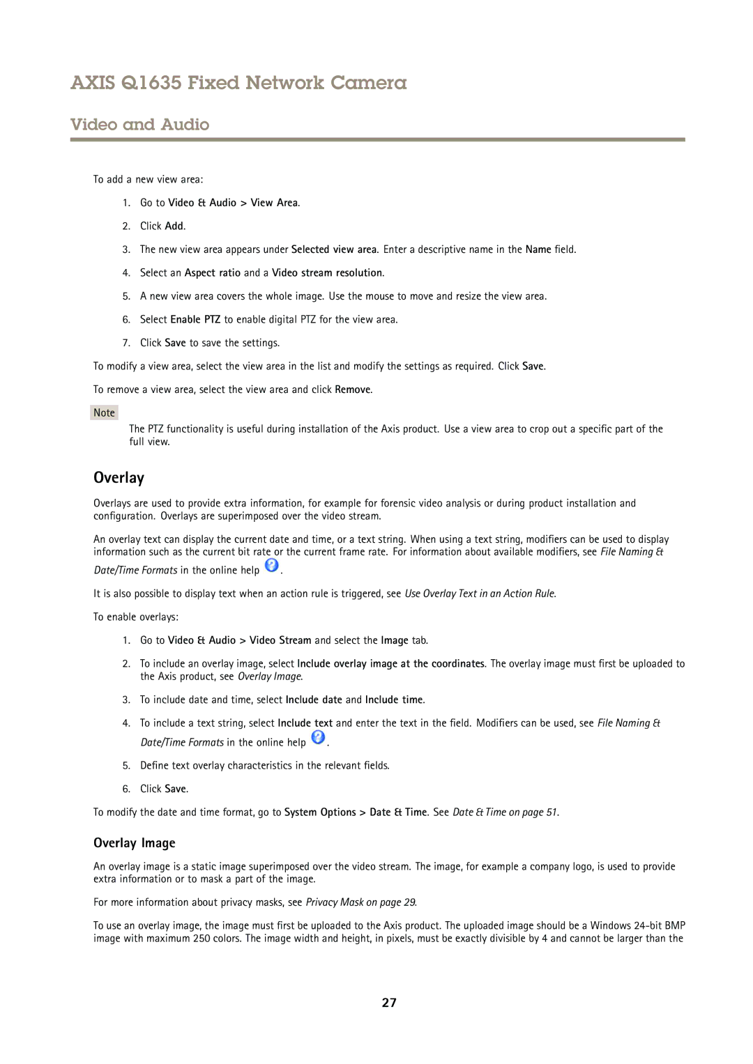 Axis Communications Q1635 user manual Overlay Image, Go to Video & Audio View Area 