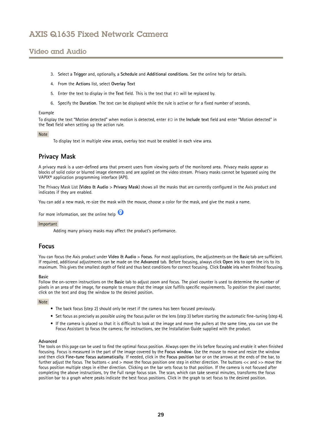 Axis Communications Q1635 user manual Privacy Mask, Focus, Basic, Advanced 