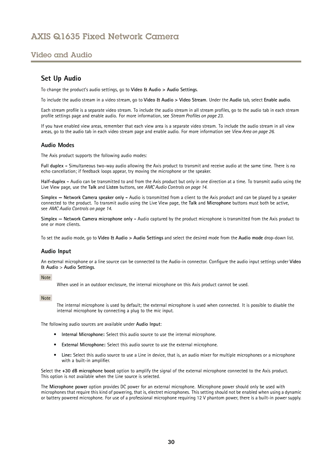 Axis Communications Q1635 user manual Set Up Audio, Audio Modes, Audio Input 