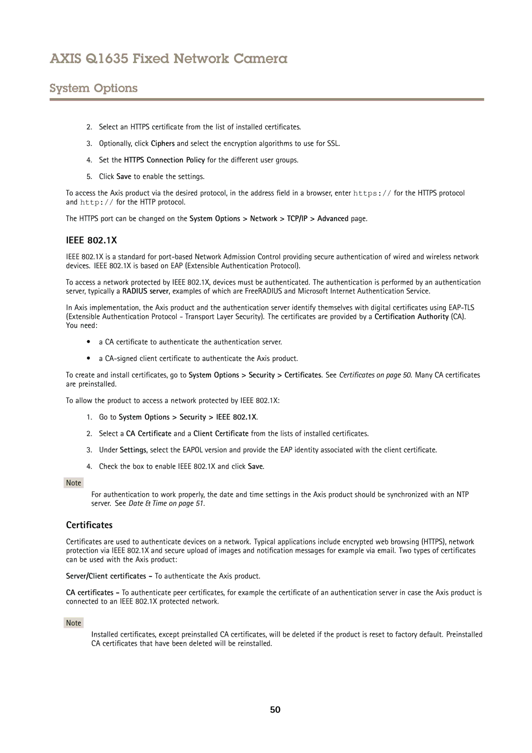 Axis Communications Q1635 user manual Certificates, Go to System Options Security Ieee 