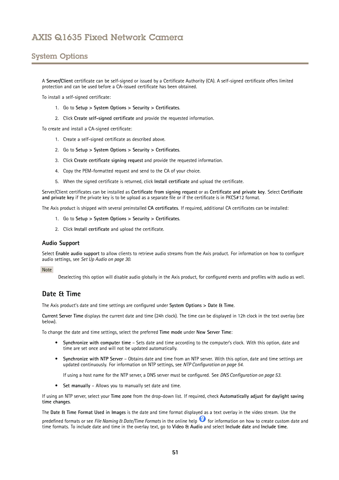 Axis Communications Q1635 user manual Date & Time, Audio Support, Go to Setup System Options Security Certificates 