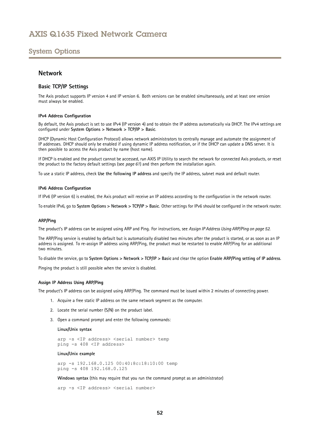 Axis Communications Q1635 user manual Network, Basic TCP/IP Settings 