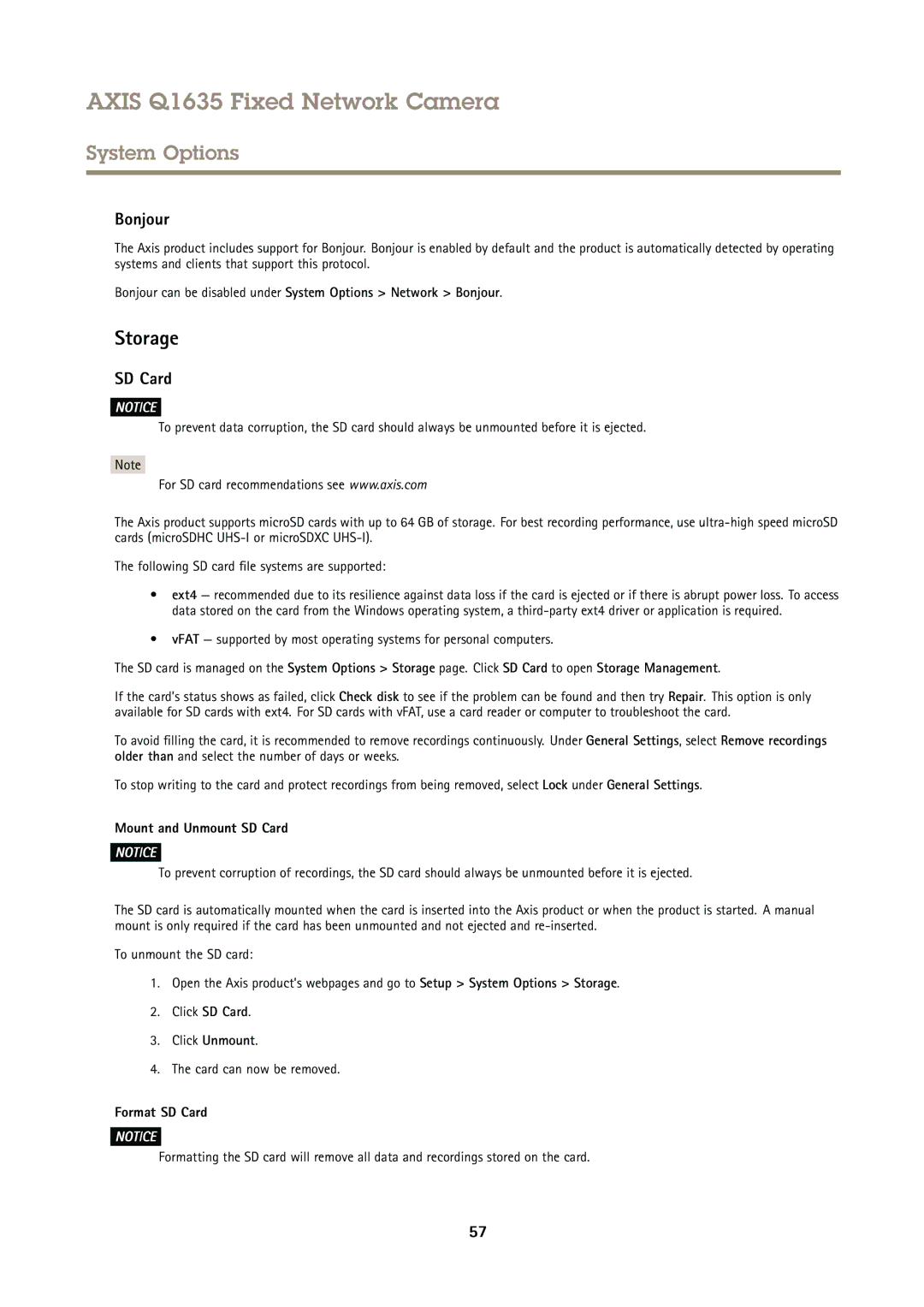 Axis Communications Q1635 user manual Storage, Bonjour, Mount and Unmount SD Card, Format SD Card 