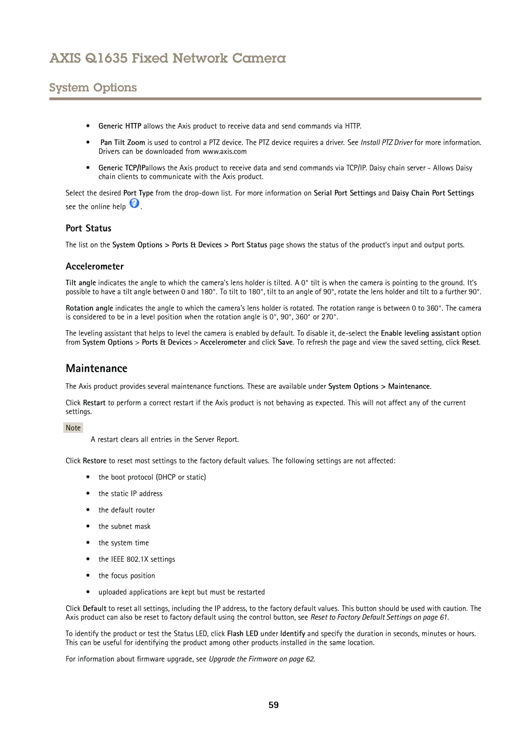 Axis Communications Q1635 user manual Maintenance, Port Status, Accelerometer, See the online help 