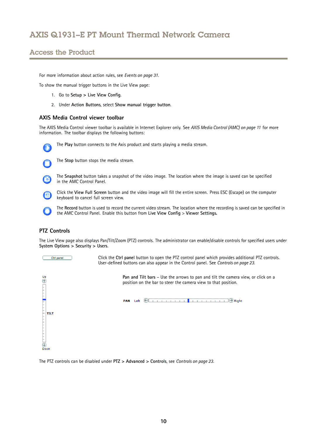 Axis Communications Q1931E PT user manual Axis Media Control viewer toolbar, PTZ Controls 