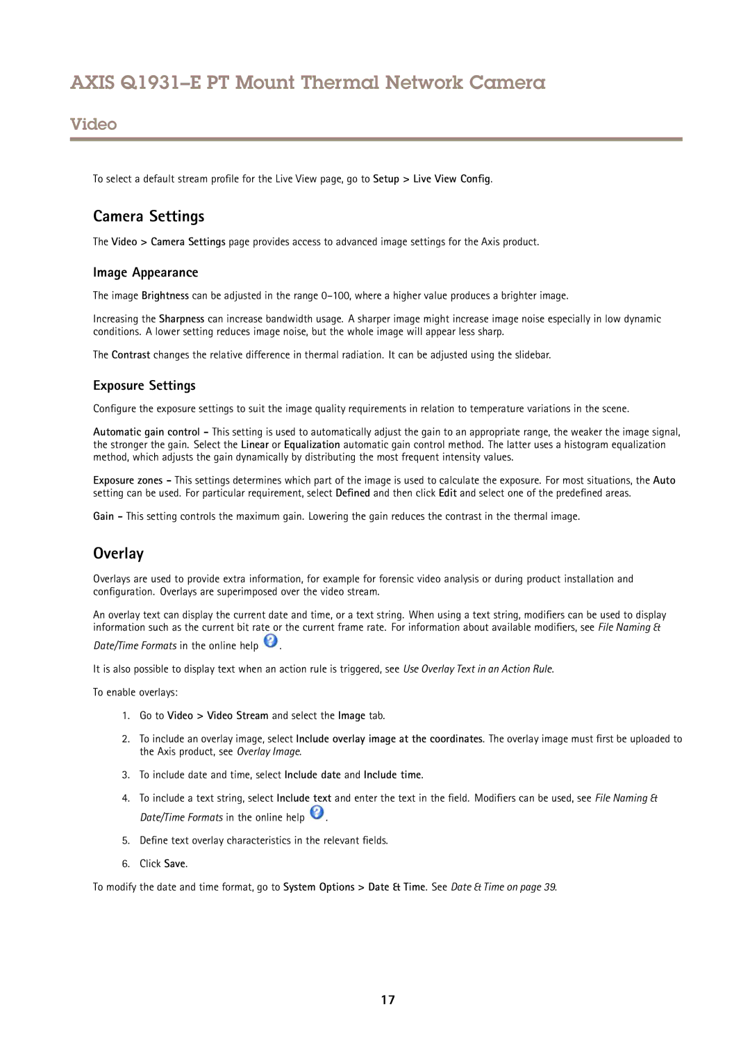 Axis Communications Q1931E PT user manual Camera Settings, Overlay, Image Appearance, Exposure Settings 