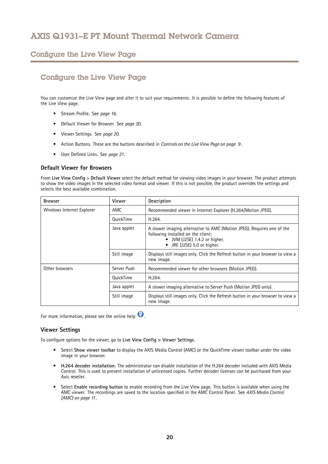 Axis Communications Q1931E PT user manual Configure the Live View, Default Viewer for Browsers, Viewer Settings 