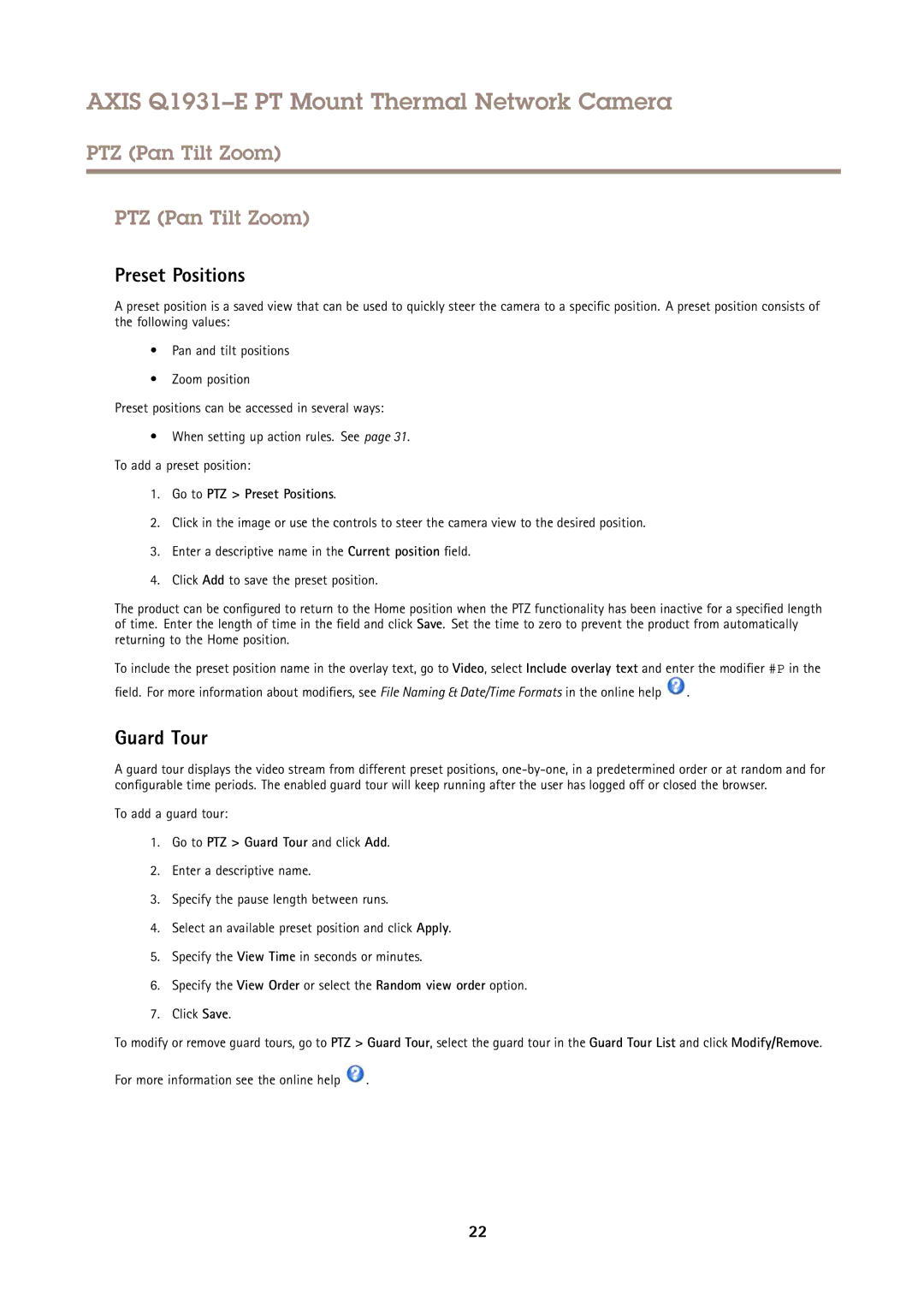 Axis Communications Q1931E PT user manual PTZ Pan Tilt Zoom, Guard Tour, Go to PTZ Preset Positions 