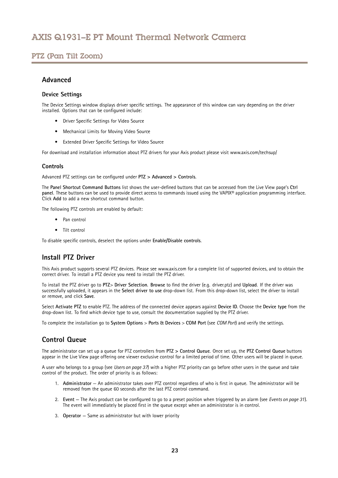 Axis Communications Q1931E PT user manual Advanced, Install PTZ Driver, Control Queue, Device Settings, Controls 