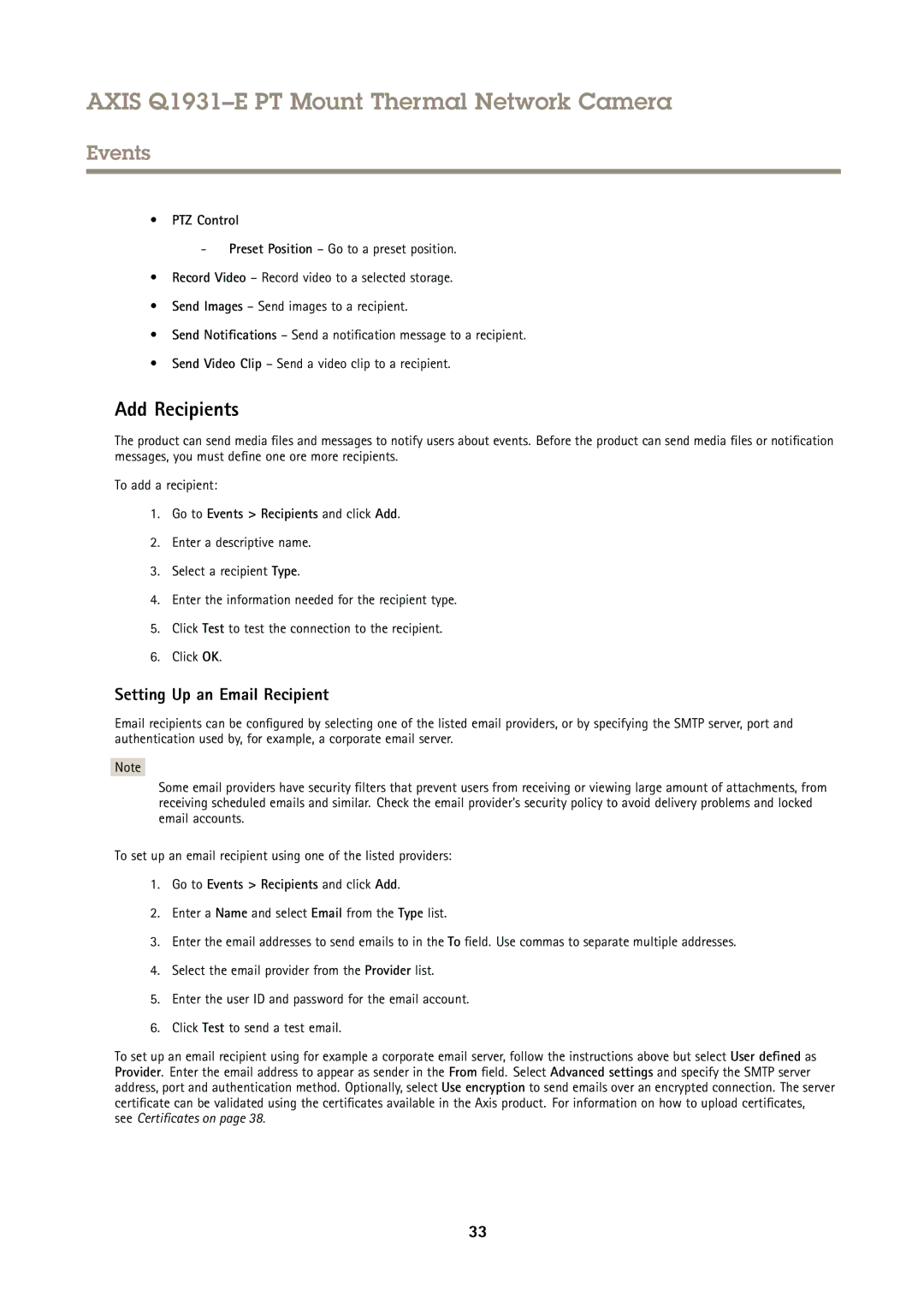 Axis Communications Q1931E PT user manual Add Recipients, Setting Up an Email Recipient, PTZ Control 