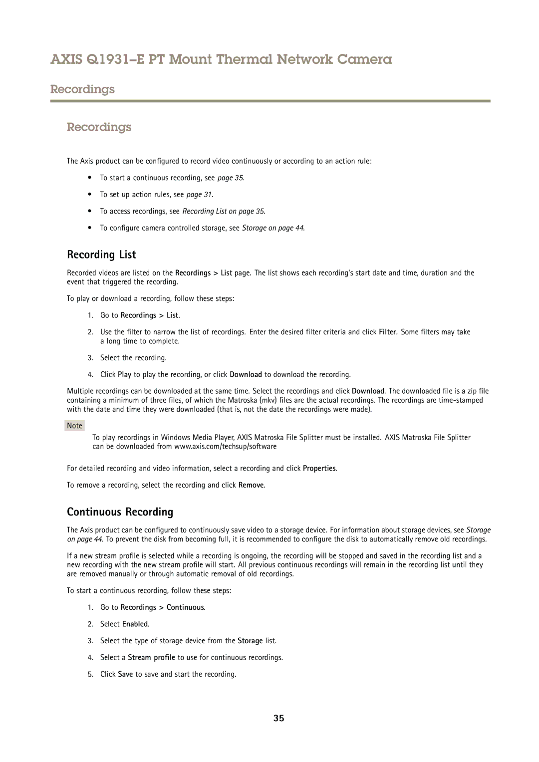 Axis Communications Q1931E PT Recording List, Continuous Recording, Go to Recordings List, Go to Recordings Continuous 