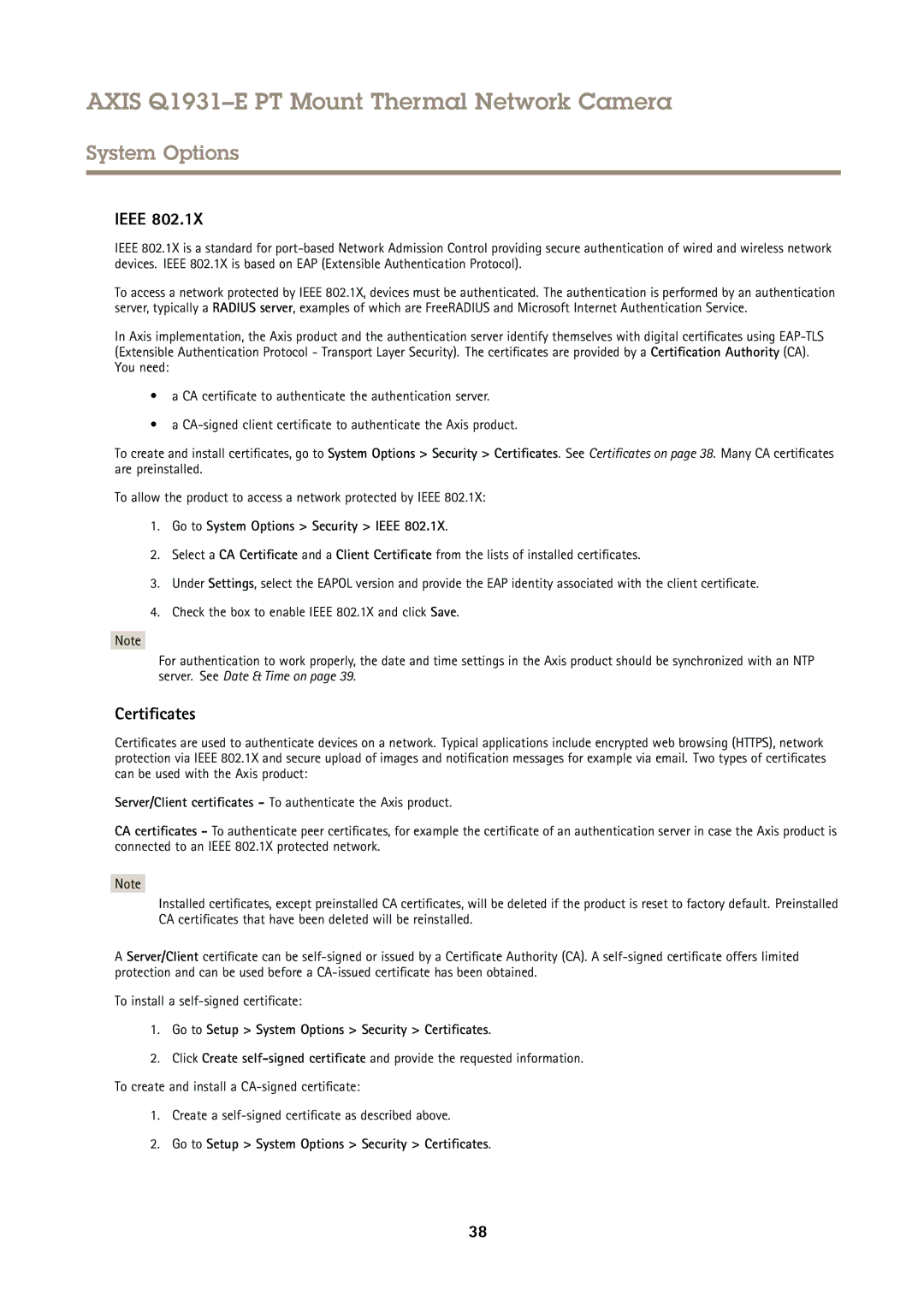 Axis Communications Q1931E PT user manual Certificates, Go to System Options Security Ieee 